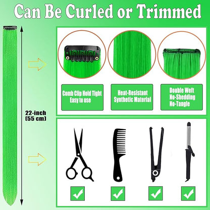 12 PCS Green Hair Extensions Clip in, 22 Inch Colored Hair Accessories Party Highlights Long Straight Synthetic Hairpieces for Women Kids Girls