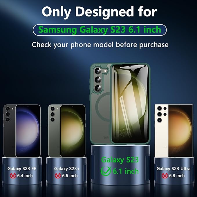 OWKEY for Galaxy S23 Case 6.1'', Magnetic Samsung Galaxy S23 Case for Magsafe with Screen Protector, [Military Grade Protection] Shockproof Phone Cover S23 Case Protective Case for Samsung S23, Green