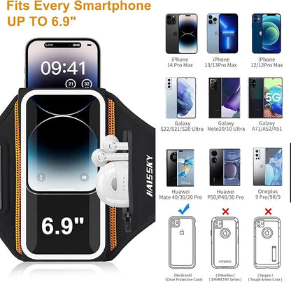 Running Armband with Earphone Bag Cell Phone Armband for iPhone 16 15 Pro 14 Plus 13 11 XR XS, Galaxy S24/S10 Water Resistant Sports Phone Holder Case & Zipper Slot Car Key Holder for 6.9 inch Phone