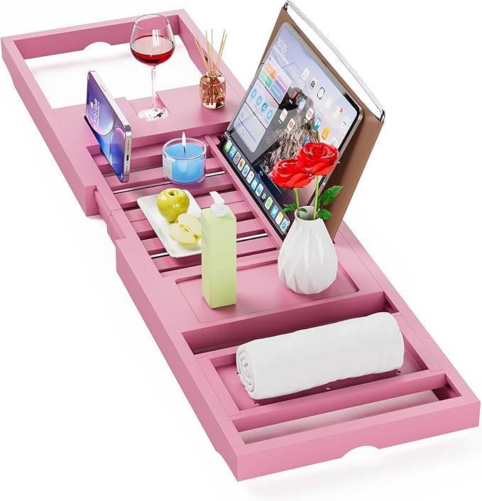 Yirilan Foldable Bathtub Caddy, Expandable Bath Caddy Tray, Unique House Warming Gifts, New Home, Anniversary and Wedding Gifts for Couple, Pink