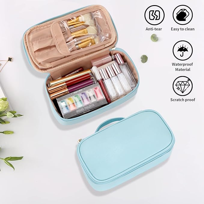 OCHEAL Small Makeup Bag,Portable Cute Travel Makeup Bag Pouch for Women Girls Makeup Brush Organizer Cosmetics Bags with Compartment-Lake Blue