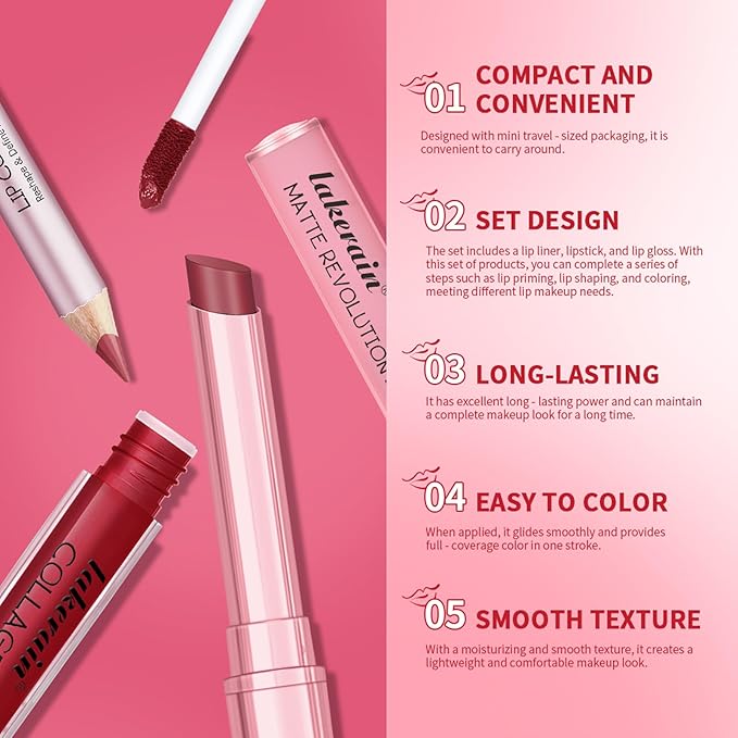 3PCS Lip Liner and Lipstick Combo Set - Matte Lip Liner Pencil, Velvet Matte Lipstick & Hydrating Collagen Lip Gloss - Long-Lasting, Smudge-Proof, High Pigment Nude Brown Lip Makeup Kit (Set 1, 3)