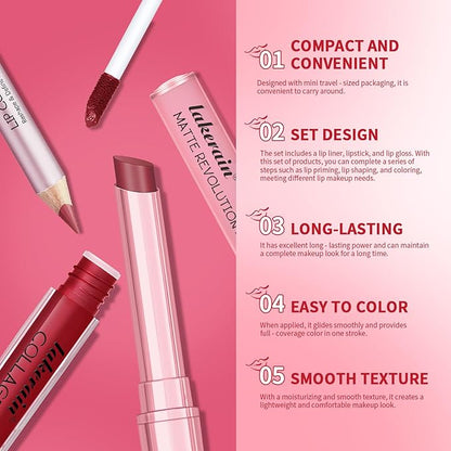 3PCS Lip Liner and Lipstick Combo Set - Matte Lip Liner Pencil, Velvet Matte Lipstick & Hydrating Collagen Lip Gloss - Long-Lasting, Smudge-Proof, High Pigment Nude Brown Lip Makeup Kit (Set 1, 3)