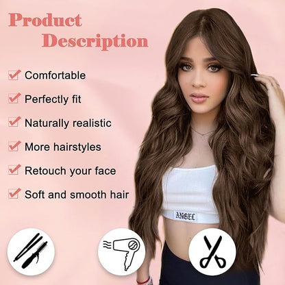 NAYOO Long Dark Brown Wavy Wig for Women 26 Inch Middle Part Curly Wavy Wig Natural Looking Synthetic Heat Resistant Fiber for Daily Party Use (Dark Brown)
