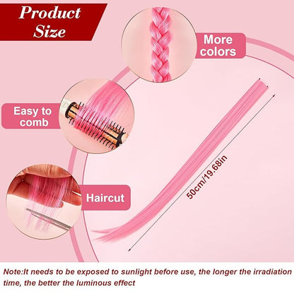 20 Pcs Glow in the Dark Colored Hair Extensions Clip 20 Inch Rainbow Party Hairpiece for Women, 10 Color(Pink)