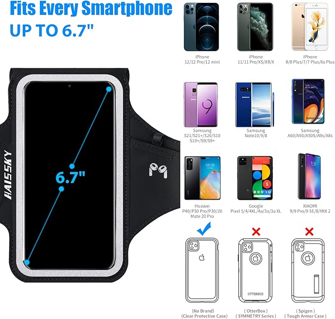 Running Armband with Earbuds Bag Cell Phone Armband for iPhone 16 15 Pro 14 Plus 13 11 XR XS, Galaxy S24/S10 Water Resistant Sports Phone Holder Case & Zipper Slot Car Key Holder for 6.9 inch Phone
