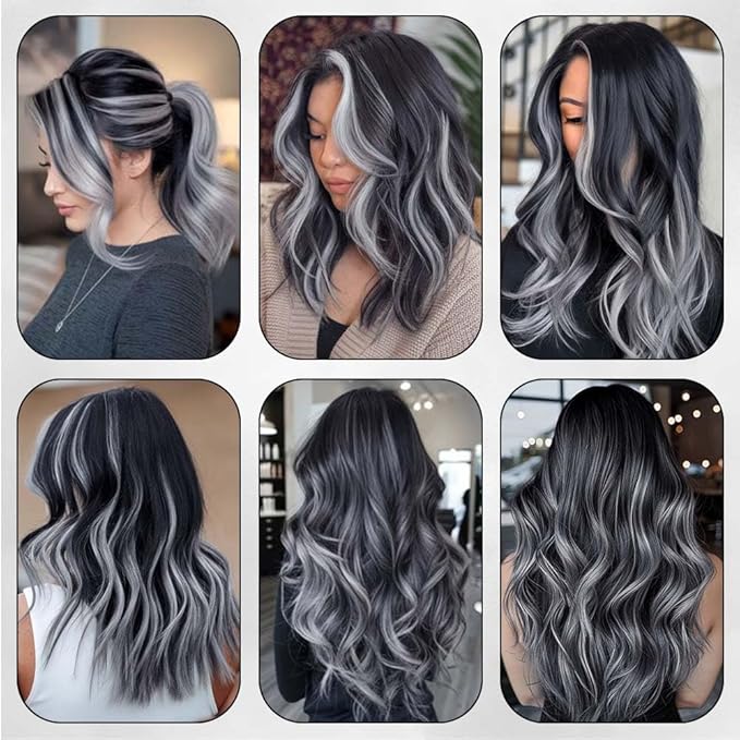 20 Inch Colored Hair Extensions Party Highlights Straight Colorful Clip In Hair Extensions Synthetic Rainbow Hairpieces for Girls Kids Gift(Grey, 12 PCS)