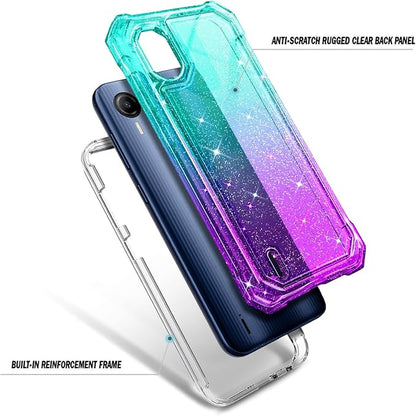 Designed for Cricket Debut S2, AT&T Calypso 4 Case with [Built-in Screen Protector] [6FT Military Grade Drop Tested] Full-Body Protective Shockproof Bumper Case (Glitter Aqua/Purple)