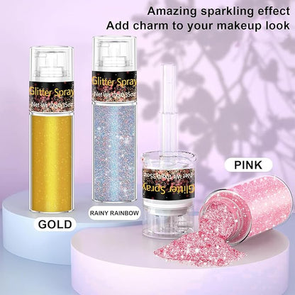 Hair and Body Glitter Spray, 1PC Pink Glitter Hairspray Dry Powder Makeup for Clothes, Festival Rave Prom Loose Sparkle Powder,Holographic Ultra Fine Resin Glitters for Crafts,10g (Pink)