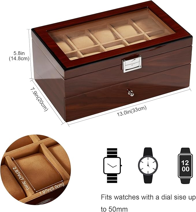 20-Slot Wooden Watch Box, Wood Watch Case with Glass Lid, 2 Layer Storage Organizer for Men Women, Velvet Lining, Watch Display Box, Mother's Day Gifts