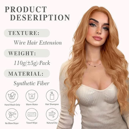 MORICA Invisible Wire Hair Extensions - 20 Inch Copper Brown Long Wavy Synthetic Hairpiece with Transparent Wire Adjustable Size, 4 Secure Clips for Women