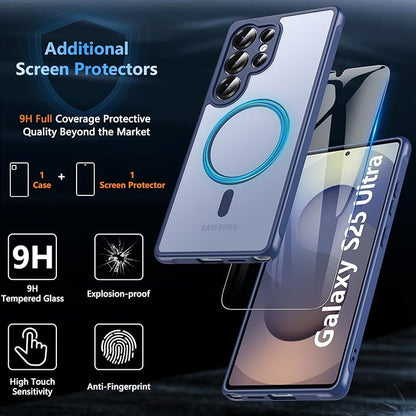 OWKEY Galaxy S25 Ultra Case 6.86'',Magnetic S25 Ultra Case for Magsafe with Tempered Glass Screen, [Shockproof Military] Transparent Back Slim Bumper Cover Phone Case Galaxy S25 Ultra, Blue