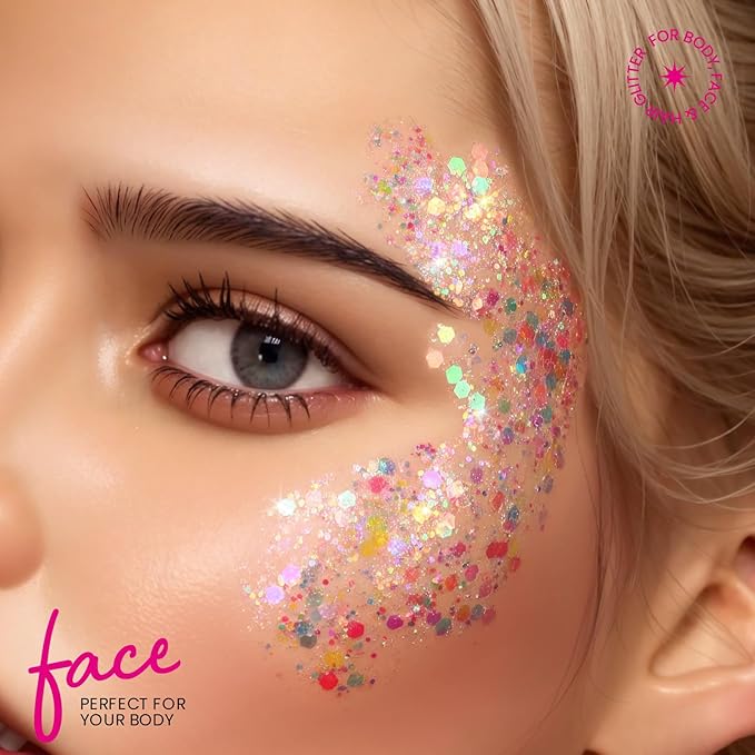 Festival Chunky and Fine Glitter Powder Mix, Teenitor 32 Colors Chunky Sequins, Iridescent Glitter Flakes, Cosmetic Face Body Eye Hair Nail Art Resin Tumbler Loose Glitter