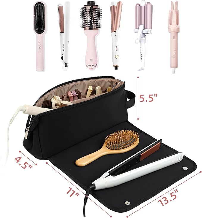FINDCOZY Hair Tools Travel Bag, Haircare Accessory Organizer with Heat Resistant Mat for Curling Iron, Straighteners and ‌Styling Appliance, Black