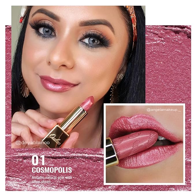 Oulac Pink Lipstick for Women with Metallic 3D Shine Lightweight Hydrating Formula, High Impact Lip Color, Vegan Beauty, Full Coverage Lip Makeup, Christmas Gifts for Women, Cosmopolis(01)