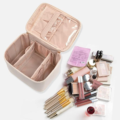 OCHEAL Makeup Bag, Portable Cosmetic Bag, Large Capacity Travel Case Organizer, Makeup Bags For Women Toiletry Bag for Girls Traveling With Handle and Divider- Beige Large