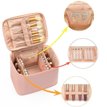 OCHEAL Makeup Bag, Portable Cosmetic Bag, Large Capacity Travel Case Organizer, Black Makeup Bags For Women Toiletry Bag for Girls Traveling With Handle and Divider-Pink