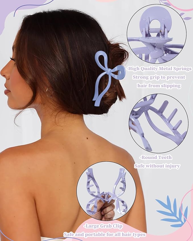 4 PCS Bow Hair Clips Bow Claw Clip for Women Nonslip Large Hair Claw Clips for Thin and Thick Hair Strong Hold Hair Bows (Pink+Watermelon Red+Light Purple+Sky Blue)