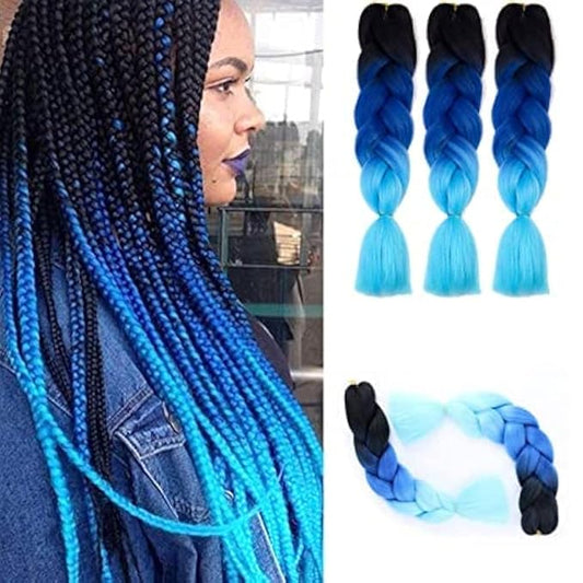Ombre Braiding hair synthetic Crochet braids twist 24inch 5pcs/lot 100g Ombre two three tone Jumbo braid hair extensions Dreadlocks (black-blue-azure)