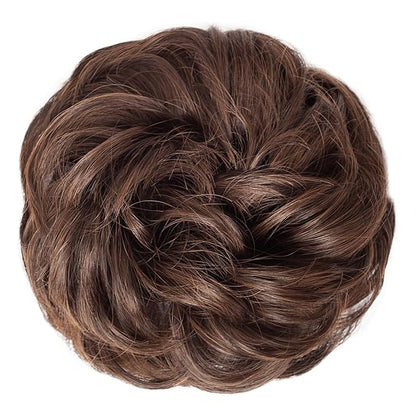 MORICA 1PCS Messy Hair Bun Hair Scrunchies Extension Curly Wavy Messy Bun Synthetic Chignon Hairpieces for Women (4/30#(Dark Brown & Light Auburn Mixed))