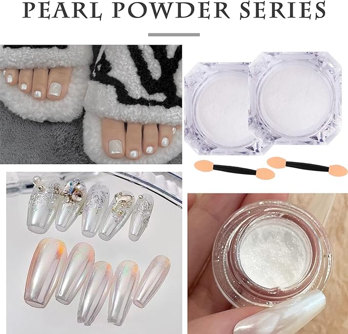 2 Pcs White Pearl Chrome Nail Powder,Mirror Effect Aurora Magic Pearlescent Nail Jewelry Glitter Holographic Pigment Symphony Mermaid Pearl Neon Ice Aurora Dust Nail Powder,DIY Nail Art Decorations