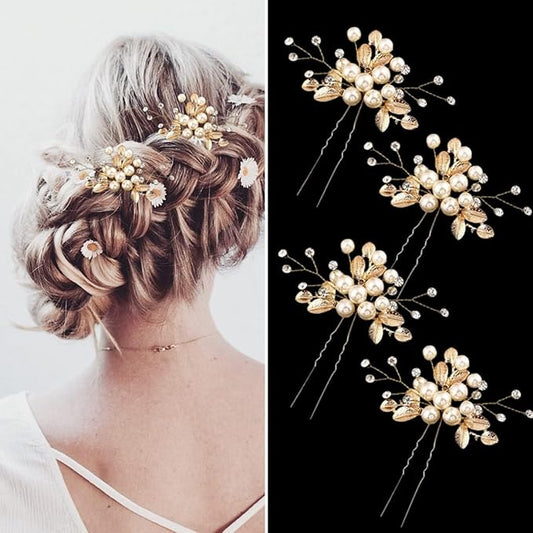 4 Pcs Hair Pins, Floral Hair Clip Bridal Accessories for Women and Girls - Pearl Wedding Flower Hair Accessories for Women