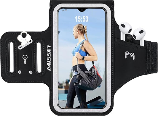 Running Armband with Earbuds Bag Cell Phone Armband for iPhone 16 15 Pro 14 Plus 13 11 XR XS, Galaxy S24/S10 Water Resistant Sports Phone Holder Case & Zipper Slot Car Key Holder for 6.9 inch Phone