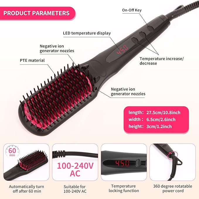 Enhanced Negative ion Hair Straightener Brush, Anti-Scald hot Hair Styling Tools & appliances Comb for Natural Thick Hair Women, Portable Electric Ceramic Heated Hair straightening Brush Products
