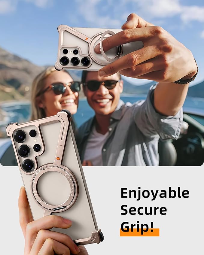 OATSBASF Minimalist Phone Case Compatible with Samsung Galaxy S25 Ultra, 360° Rotation Kickstand Aluminum Metal Frameless Design Bumper Case, Protective Shock Grade Shell, Desert Titanium
