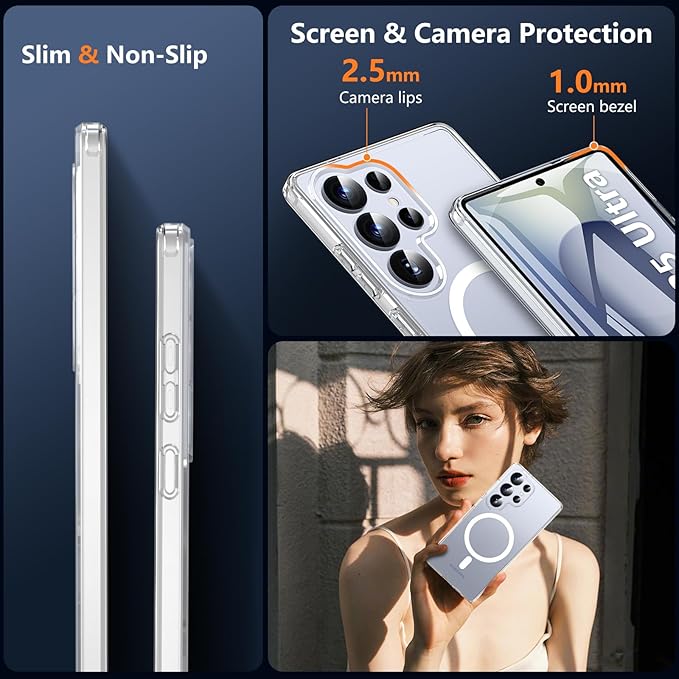 OWKEY Samsung Galaxy S25 Ultra Case 6.86'', Magnetic S25 Ultra Case for Magsafe with Tempered Glass Screen, [Shockproof Military] Transparent Back Slim Bumper Cover Phone Case Galaxy S25 Ultra, Clear