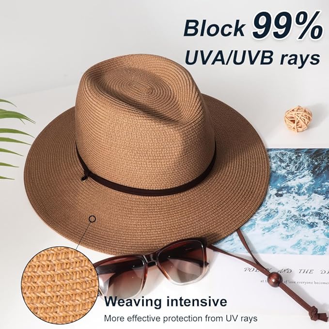 DRESHOW Women Straw Panama Hat Travel Fedora Beach Sun Hat Summer Wide Brim Straw Roll up Hat UPF 50+