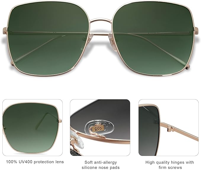 SOJOS Trendy Oversized Square Metal Frame Sunglasses for Women Men Retro Big Flat Lens UV Protection Sunglasses SJ1146