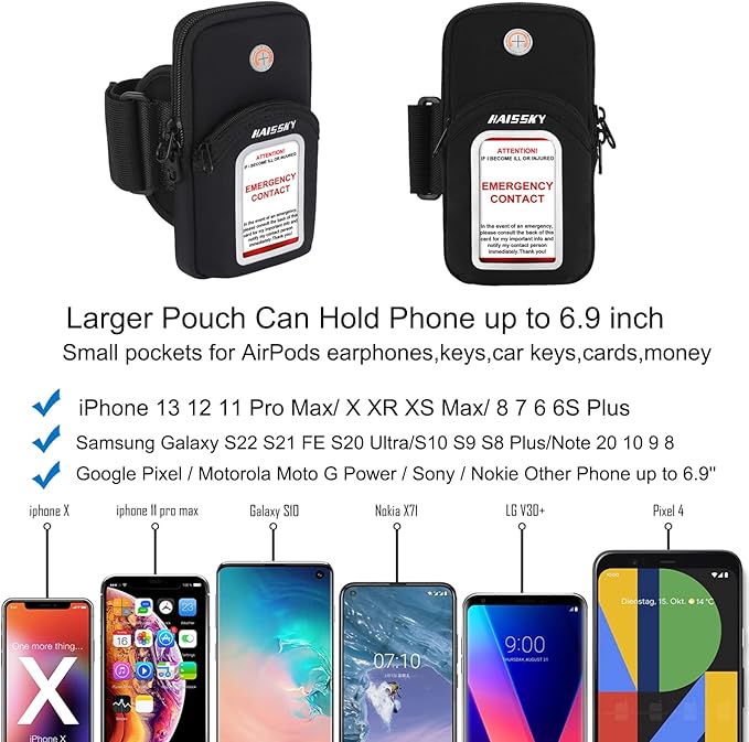 Cell Phone Pouch Running Armband Case for iPhone 15 14 13 12 11 Pro Max XS XR X 8 7 Plus Samsung S22 S21 up to 6.9", Running Phone Holder Sports Arm Bands for Walking Gym Exercise Fitness