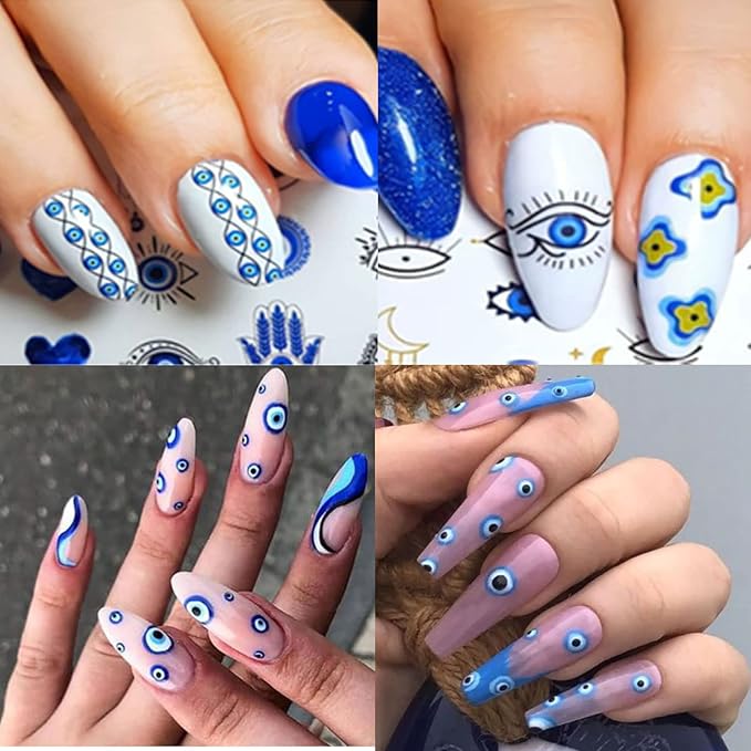 14 Sheets Evil Eye Nail Stickers, 3D Turkish Blue Eye Design Nail Art Decals, Self Adhesive Hamsa Hand of Fatima Manicure Decorations
