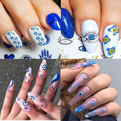 14 Sheets Evil Eye Nail Stickers, 3D Turkish Blue Eye Design Nail Art Decals, Self Adhesive Hamsa Hand of Fatima Manicure Decorations