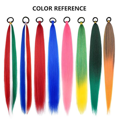 2 Pack Braid Ponytail Extension with Elastic Tie Straight Sleek Wrap Around Braid Ponytail Green Pink Gradient 26 Inch (Green/Rose Pink/Light Pink#)