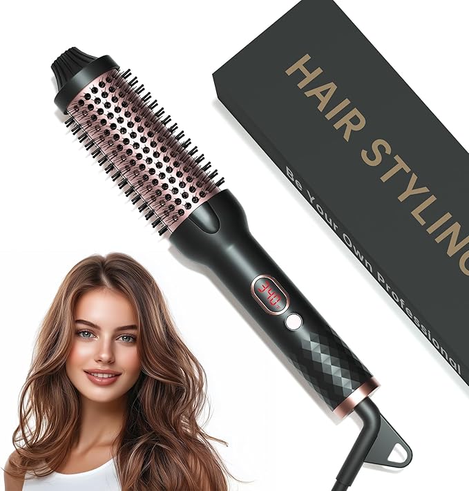 Negative Ion Thermal Brush for Blowout Look, 1.5 Inch Heated Round Brush, Ceramic Curling Brush with Anti-Scald Nylon Bristles,10 Temps & Auto Shut-Off, Dual Voltage