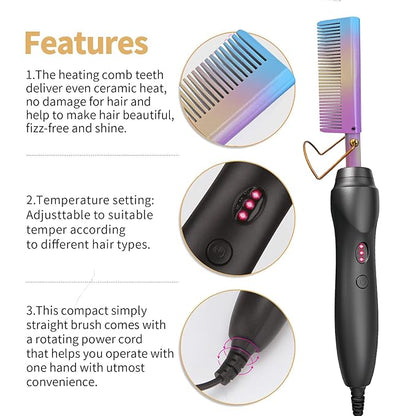 Hot Comb Hair Straightener Heat Pressing Combs - Ceramic Electric Straightening Comb, Curling Iron for Natural Black Beard Wigs Women Gift 5 In 1 - Rainbow