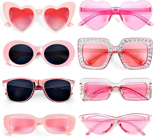 Pibupibu 8 Pack Pink Sunglasses for Women Collection Trendy Cute Costume Accessories Eyewear Set (Transparent/Solid/Mix)