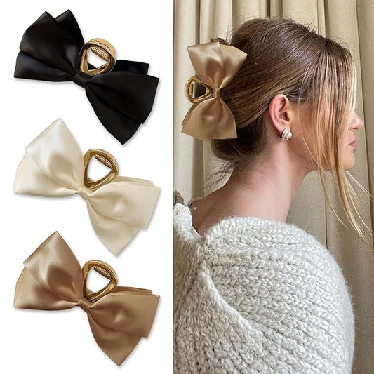 3PCS Metal Claw Hair Clips for Women & Girls - Premium Bow-knot Nonslip Claw Clips for Thick & Thin Hair, Big Bows (Black, White, Khaki)