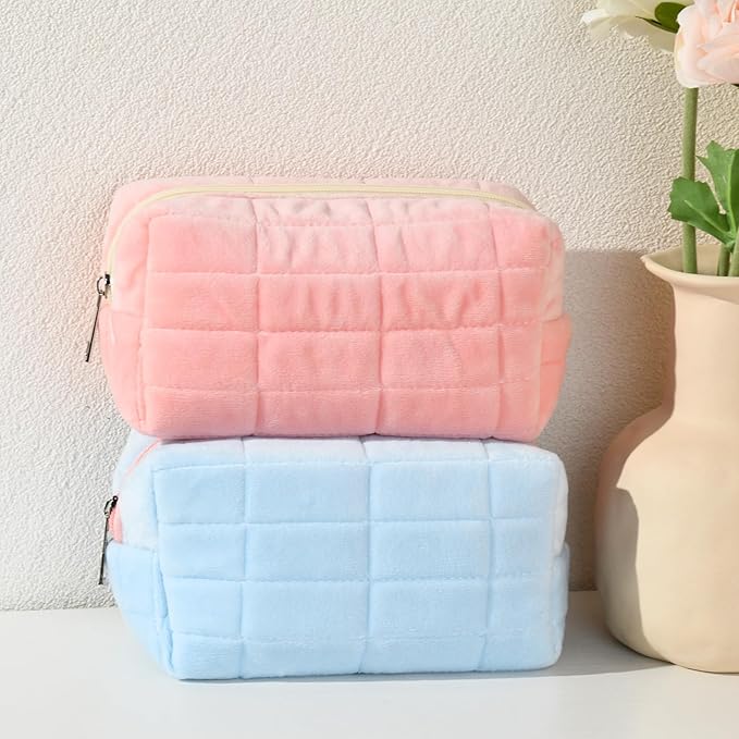 2 Pieces Makeup Bag Cute Cosmetic Bag Plush Pink Blue Checkered Makeup Pouch Coquette Travel Toiletry Bag Organizer Fluffy Makeup Brushes Puffy Storage Bag for Women