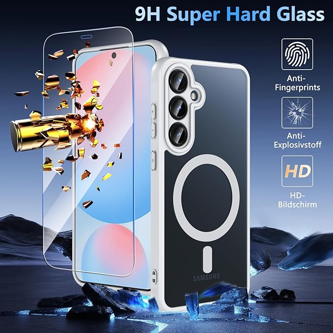 OWKEY for Samsung Galaxy S24 FE Case 6.7'', Magnetic Galaxy S24 FE Case for Magsafe with Tempered Screen Protector [Shockproof Military] Translucent Matte Bumper Phone Cover Samsung S24 FE 5G, Gray