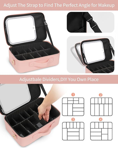 MONSTINA Makeup Bag with LED Mirror,Lighted Make up Travel Case Cosmetic Bag Professional Cosmetic Artist Organizer with LED Light Mirror,3 Adjustable Brightness for Girls and Women,Middle Pink