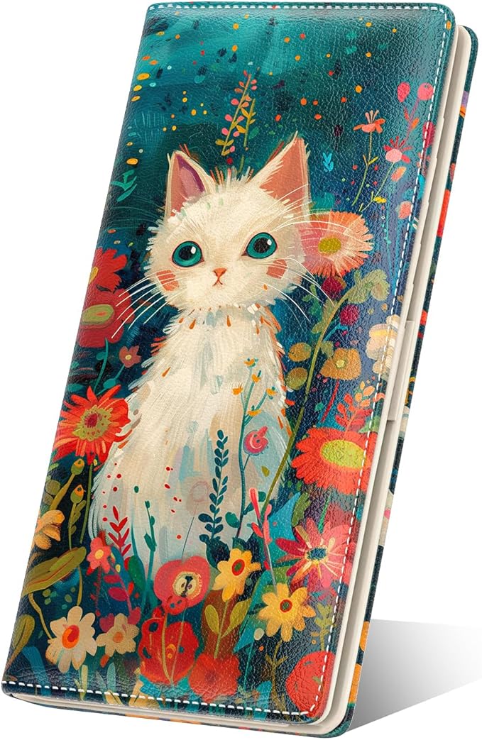 Nipichsha Womens Wallet, RFID Slim Wallets for Women, Thin Ladies Credit Card Holder Purse, Cute Leather Bifold Clutch Billfold with 11 Card Slots & ID Window, Flowers Cat