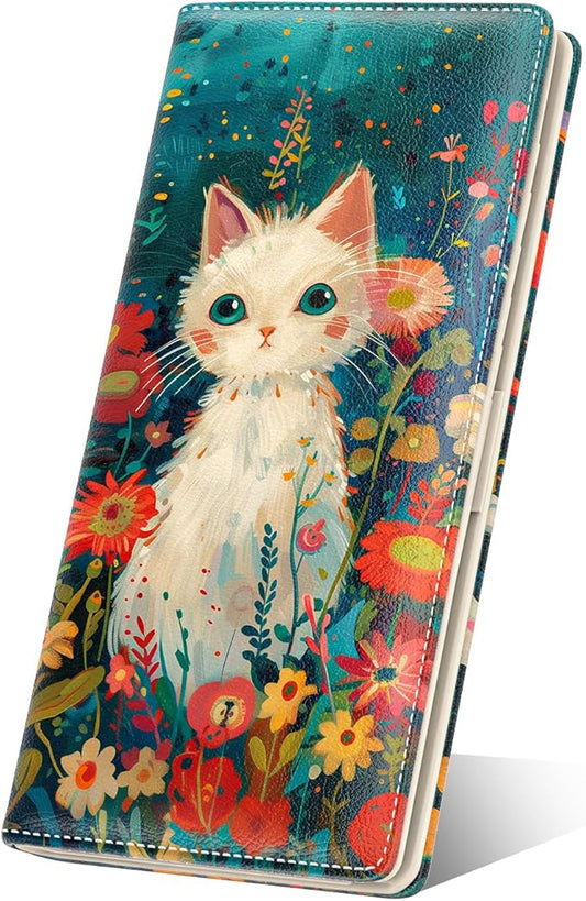 Nipichsha Womens Wallet, RFID Slim Wallets for Women, Thin Ladies Credit Card Holder Purse, Cute Leather Bifold Clutch Billfold with 11 Card Slots & ID Window, Flowers Cat