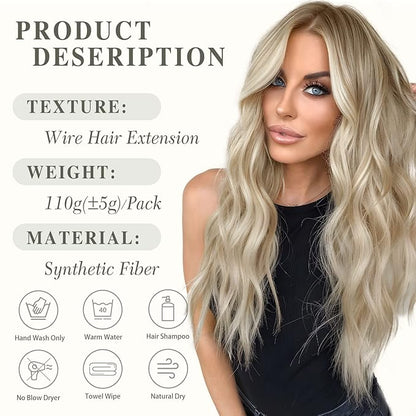 MORICA Halo Hair Extensions, 20 Inch Invisible Wire Hair Extensions Long Wavy Synthetic Hairpiece with Transparent Wire Adjustable Size, 4 Secure Clips for Women (Ash Blonde Mixed Light Blonde,20Inch)