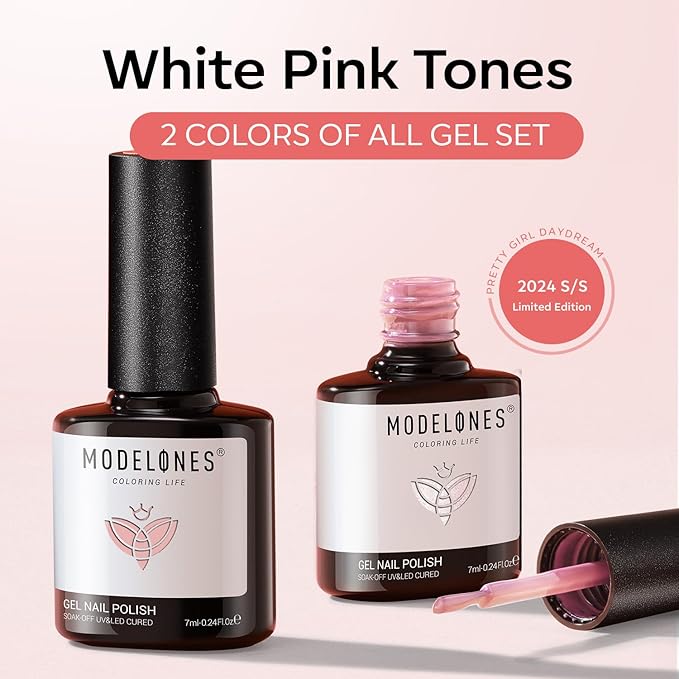 modelones Gel Nail Polish Set 2 Pcs 15 ML Nude Pink Translucent Sheer Glitter French Tip Gel Polish Soak Off LED For Nail Art DIY Shimmer French Manicure At Home For Women Girls