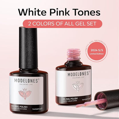 modelones Gel Nail Polish Set 2 Pcs 15 ML Nude Pink Translucent Sheer Glitter French Tip Gel Polish Soak Off LED For Nail Art DIY Shimmer French Manicure At Home For Women Girls