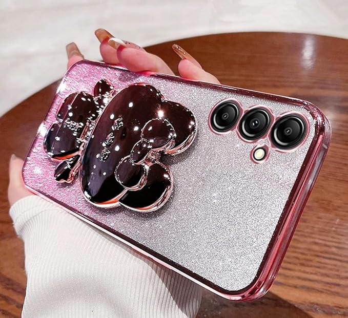 for Samsung Galaxy A16 5G Case for Women Cute Hidden Rabbit Bunny Mirror Stand,Plating Girly Glitter Gradient Layer Crystal Clear Soft Silicone Shockproof Phone Case for Samsung A16 5G Pink
