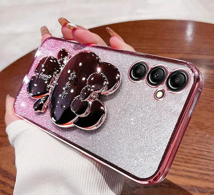 for Samsung Galaxy A16 5G Case for Women Cute Hidden Rabbit Bunny Mirror Stand,Plating Girly Glitter Gradient Layer Crystal Clear Soft Silicone Shockproof Phone Case for Samsung A16 5G Pink